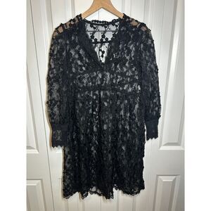 Vivi Company Black Sheer Floral Lace Overlay Mini Dress V-Neck Scalloped